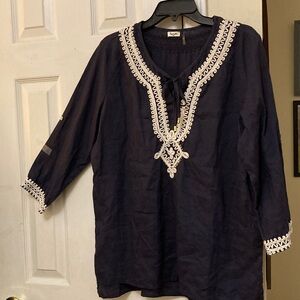 SYMPLE NYC TUNIC Navy Blue with Embroidered Navy Blue Boho Coastal 
SIZE Large